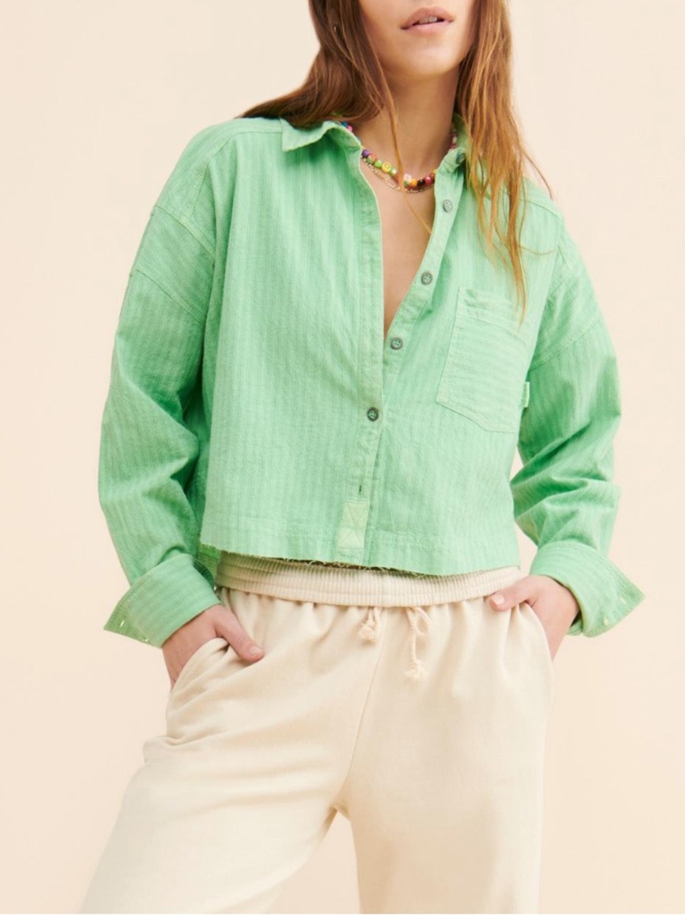 Free People We The Free Chrissy Crop Oxford Buttondown Green